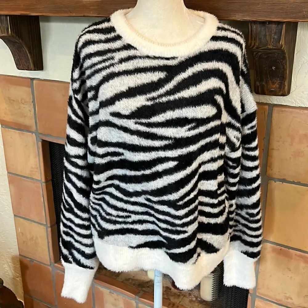 Express Zebra Print Nylon Faux Fur Sweater, M!